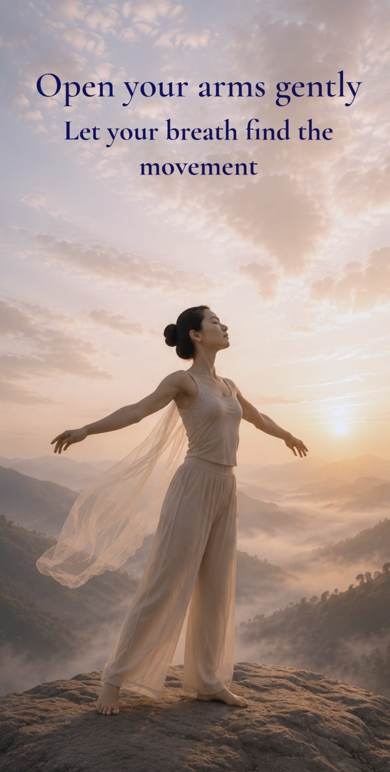Moving Stillness — a figure with arms open gently at sunrise, breath guiding gentle movement