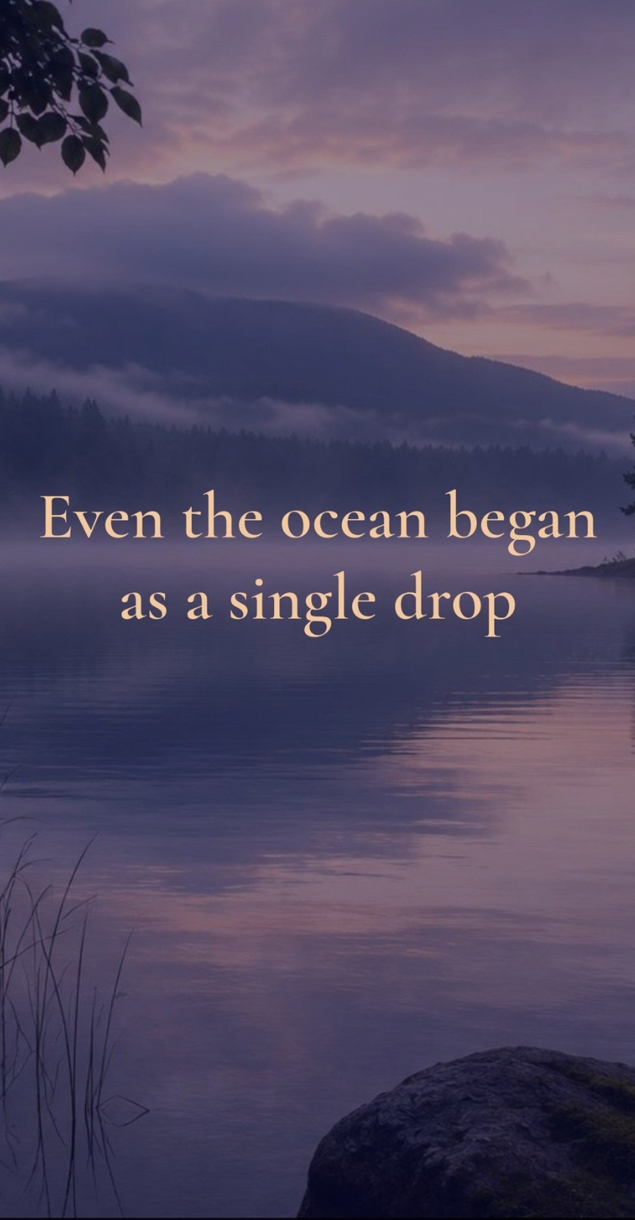 A Quiet Thought — a still lake at dusk with a reflective line of text